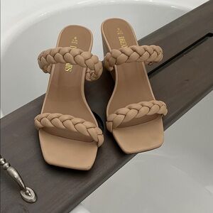 Tan Braided Double-Strap Slide Sandals